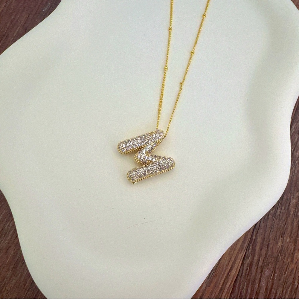 Gold Bubble Letter M Necklace CZ Initial Pendant Gold Tone Layering Necklace - Picture 2 of 5